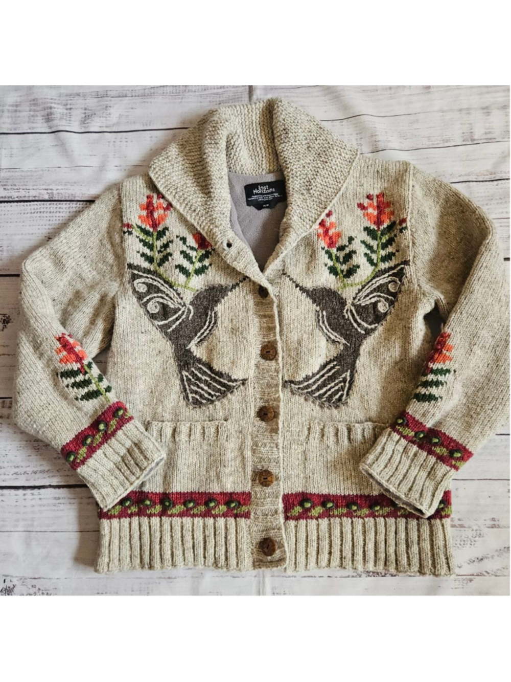Lost Horizons Wool Hummingbird Floral Embroidered Cardigan Heavy Boho Medium